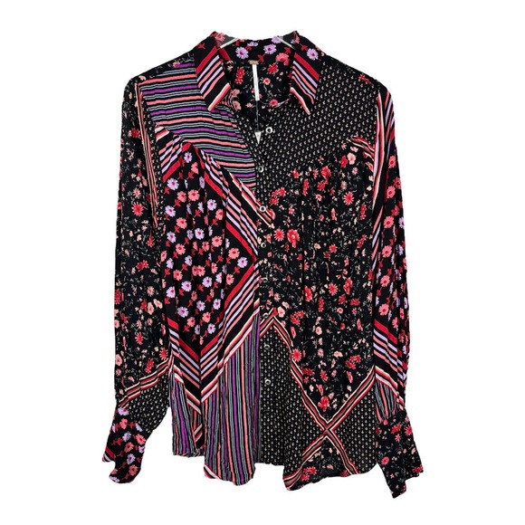 Free People Hazel Buttondown Top Medium New Black Floral Stripe Mixed Print Boho - Picture 2 of 7